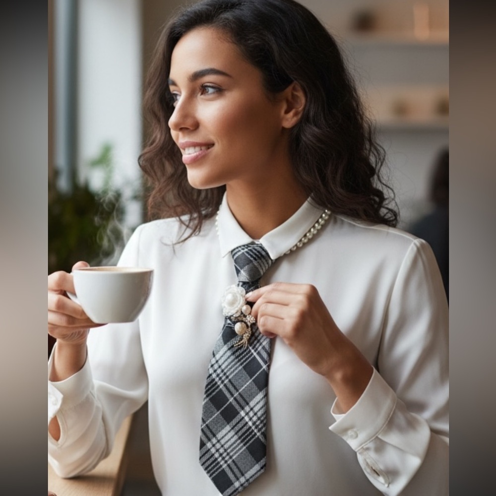 “Dainty Dapper Black and White Plaid Necktie Necklace